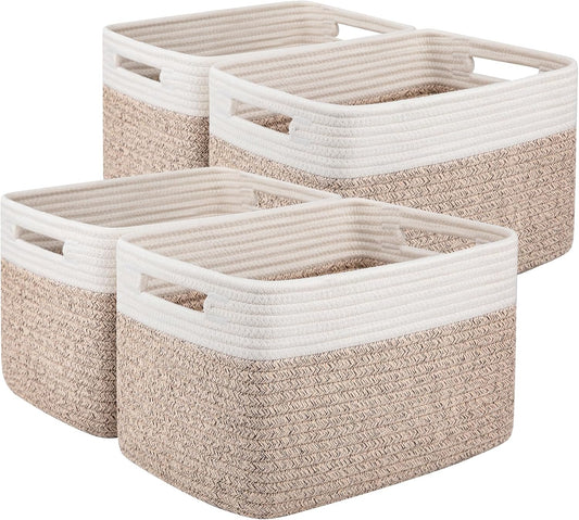 OIAHOMY 4 Pack Storage Baskets for Organizing, Basket for Shelves with Handle, Woven Baskets for Storage Toys, Towels, Books, Cotton Rope Basket 13" L x 9 " W x 7.8 " H, Brown & White
