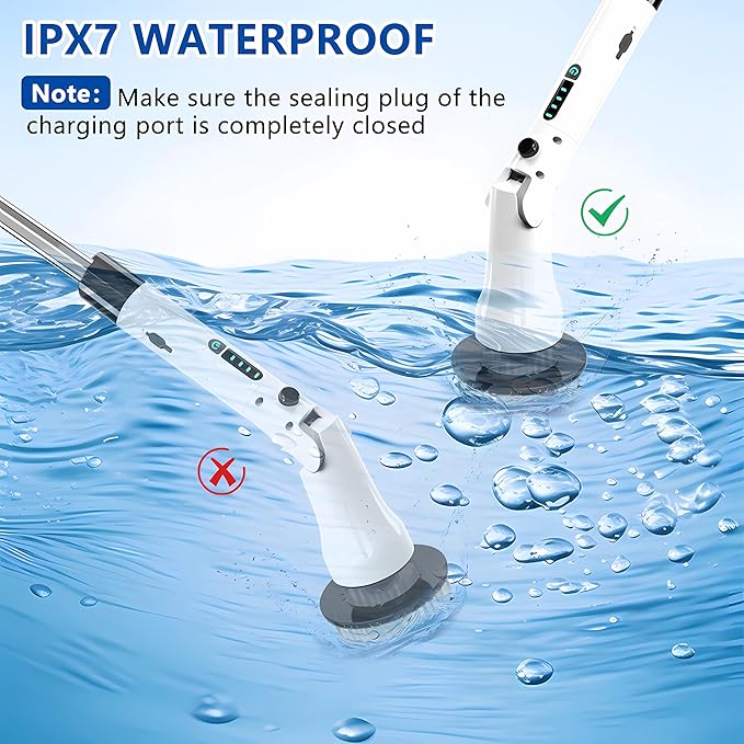 Electric Spin Scrubber, Hillyfe Bath Scrubber for Cleaning with 7 Replaceable Brush Heads, IPX7 Waterproof,300/400 RPM, 3 Adjustable Size,Cordless Shower Cleaner Brush for Bathroom Floor,White