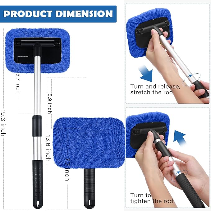 Frienda 3 Set Windshield Cleaner Tool Inside Car Window Cleaner Tool with 3 Extendable Handle 9 Reusable Microfiber Pads and 3 Spray Bottles for Auto Home Interior Exterior Glass Cleaning(Blue)