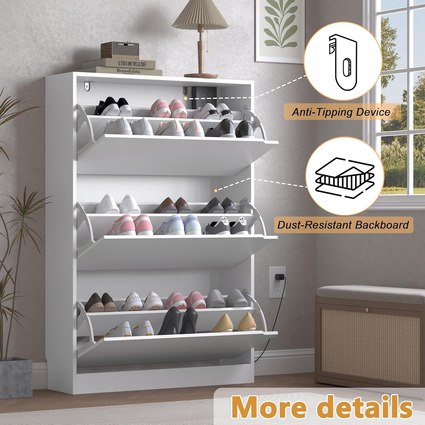 Shoe Cabinet with Odor Control and Back Panels, Deodorizing Slim 3-Flip Shoe Storage Cabinet for Entryway, Freestanding Hidden Shoe Rack Organizer for Entrance, Hallway, Bedroom