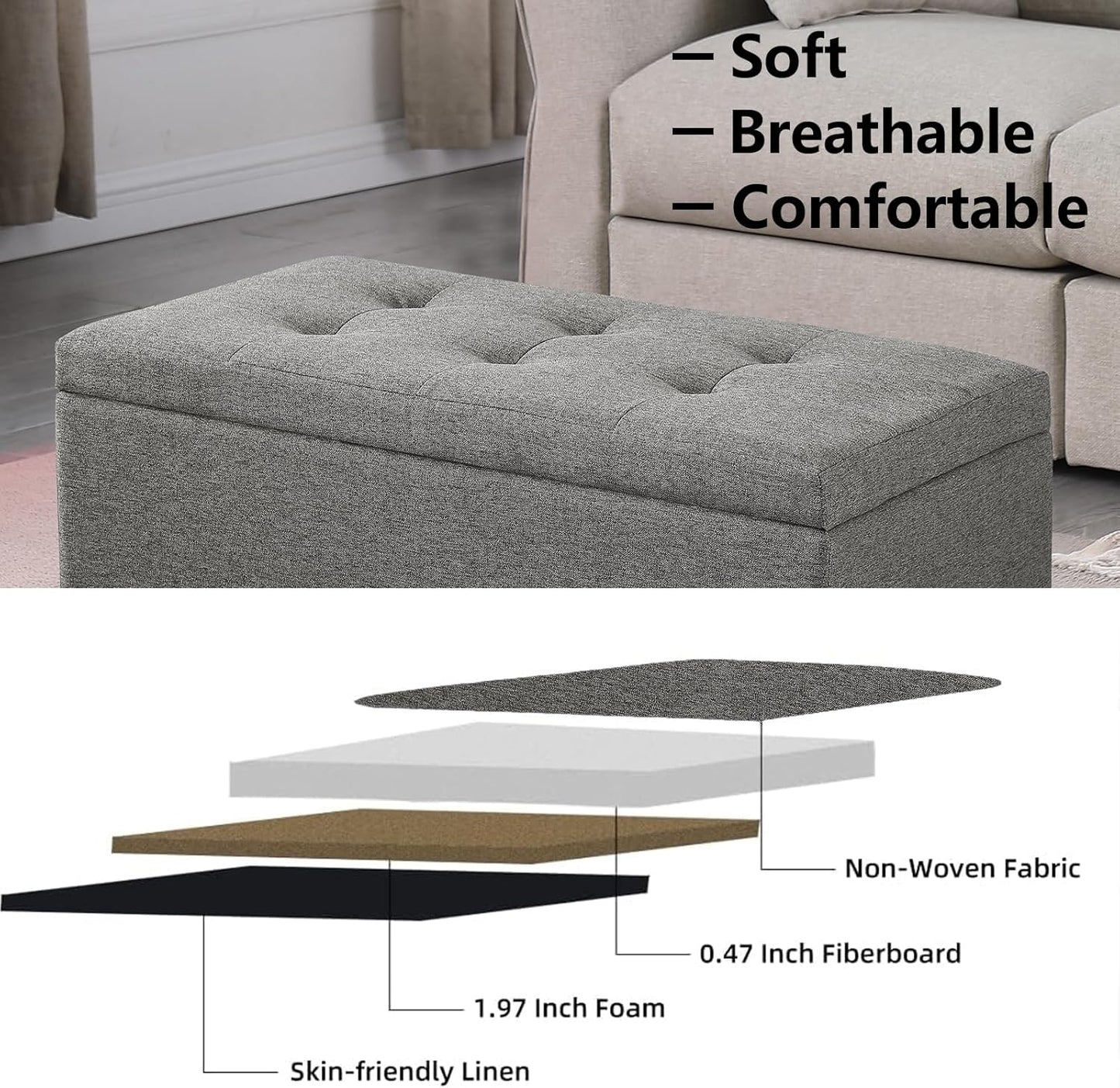 Storage Ottoman Bench with 2.56-inch Thick Seat, 31.5 inch Nesting Ottoman Set of 2, Hinged Flip Top Bench with Storage for Living Room, Bedroom, Light Grey