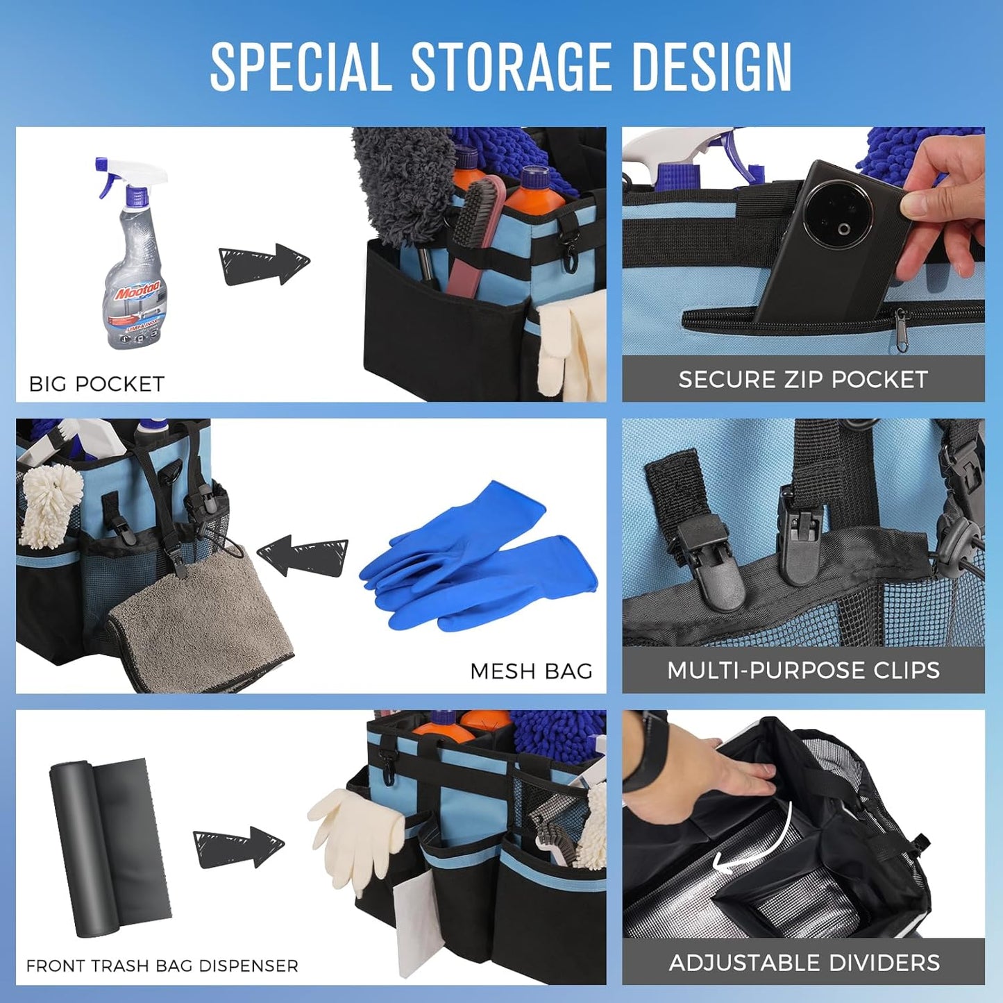 Wearable Cleaning Caddy, Cleaning Caddy Supplies Organizer with Handle & Shoulder Straps for Housekeepers, Under Sink & Car Cleaning Tool Organizers Bag with 4 Foldable Divider (Blue)