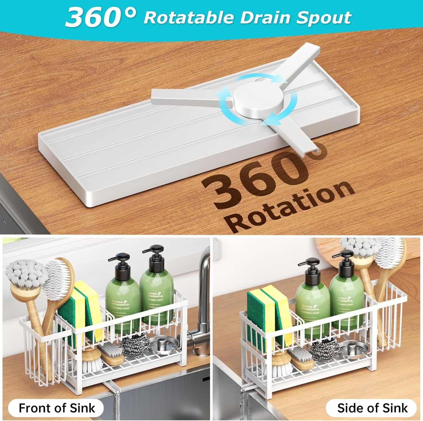 Sponge Holder for Kitchen Sink, 2 Tier Sink Caddy Organizer Countertop with Dish Brush Holder and 360° Drain Tray, Rustproof Stainless Steel Dish Soap Storage Rack Set for Accessories White