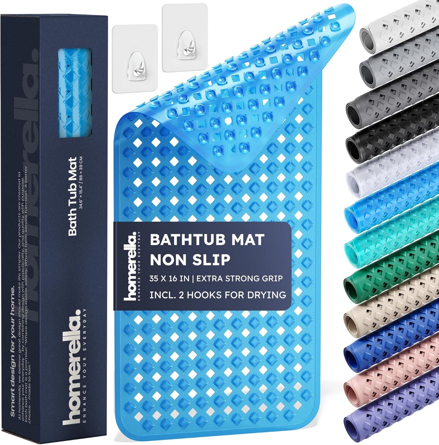 homerella® Bathtub Mat Non Slip 35x16, Incl. Hooks for Drying, Extra Long, 100% BPA Free, Shower Mat Non Slip Anti Mold, Machine Washable, Shower Mats for Inside Shower Mildew Resistant
