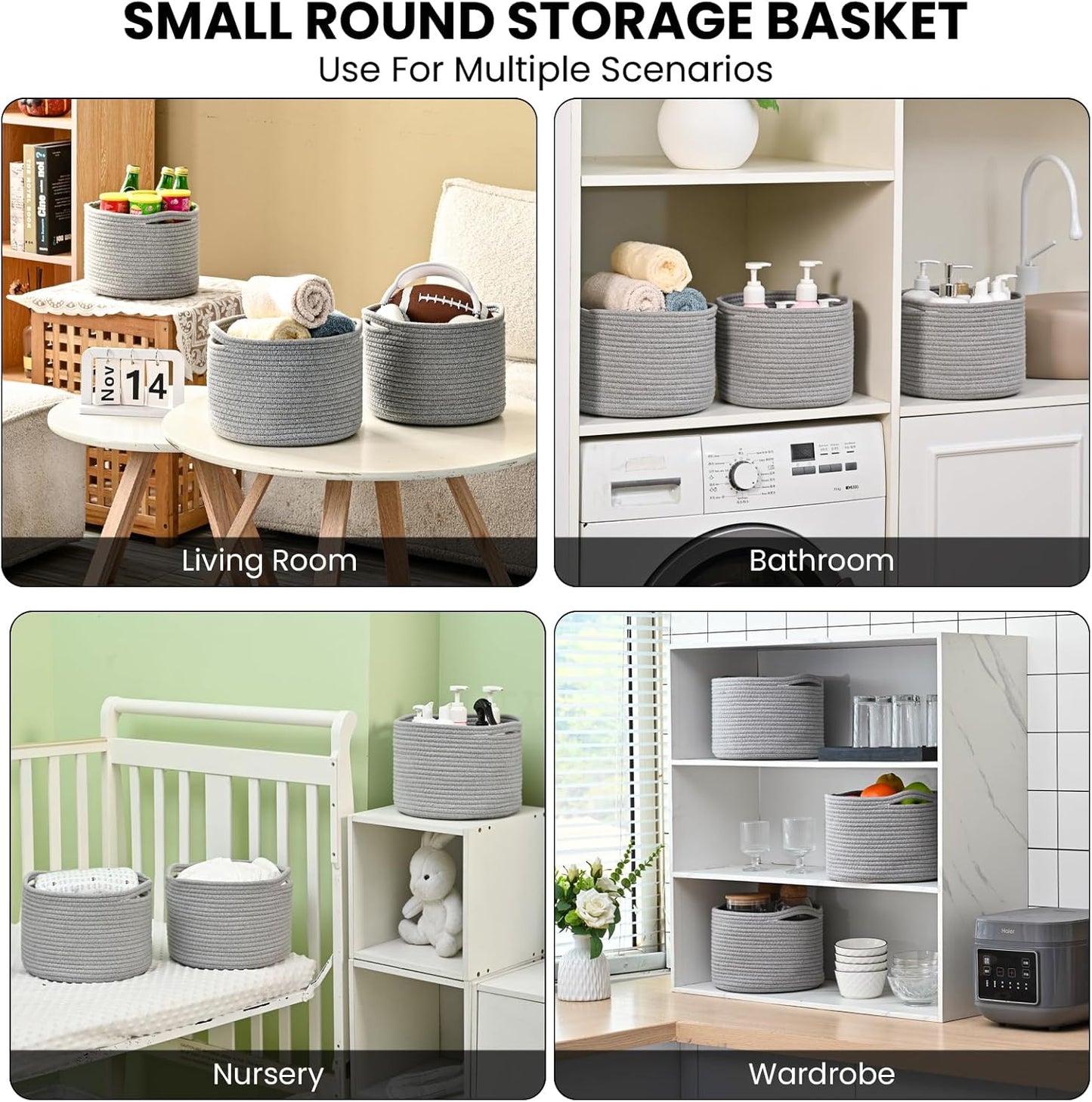 Small Storage Baskets for Organizing, Organizer Baskets for Shelves, Small Woven Basket for Storage, Cute Basket for Gifts Empty, Soft Cotton Rope Baskets, 9.7"×9.7"×7" (3 Packs) Grey