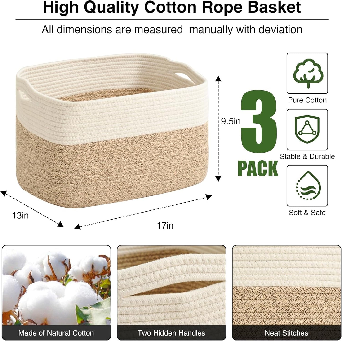 Large Storage Baskets for Organizing Shelves, Woven Cotton Rope Bins for Baby Nursery Organization, Book Toy Towel Organizer, 17"x13"x9.5", 3 Packs, Off White & Brown