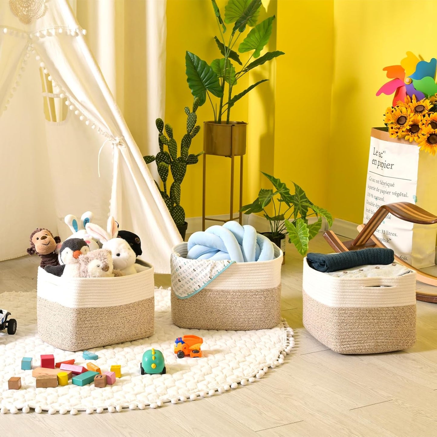 Storage Baskets for Organizing, Woven Cotton Rope Basket for Storage Books, Baby Organizing Baskets, Toy Storage Basket, 15"x11"x9.5", 3 Packs, Off White & Brown