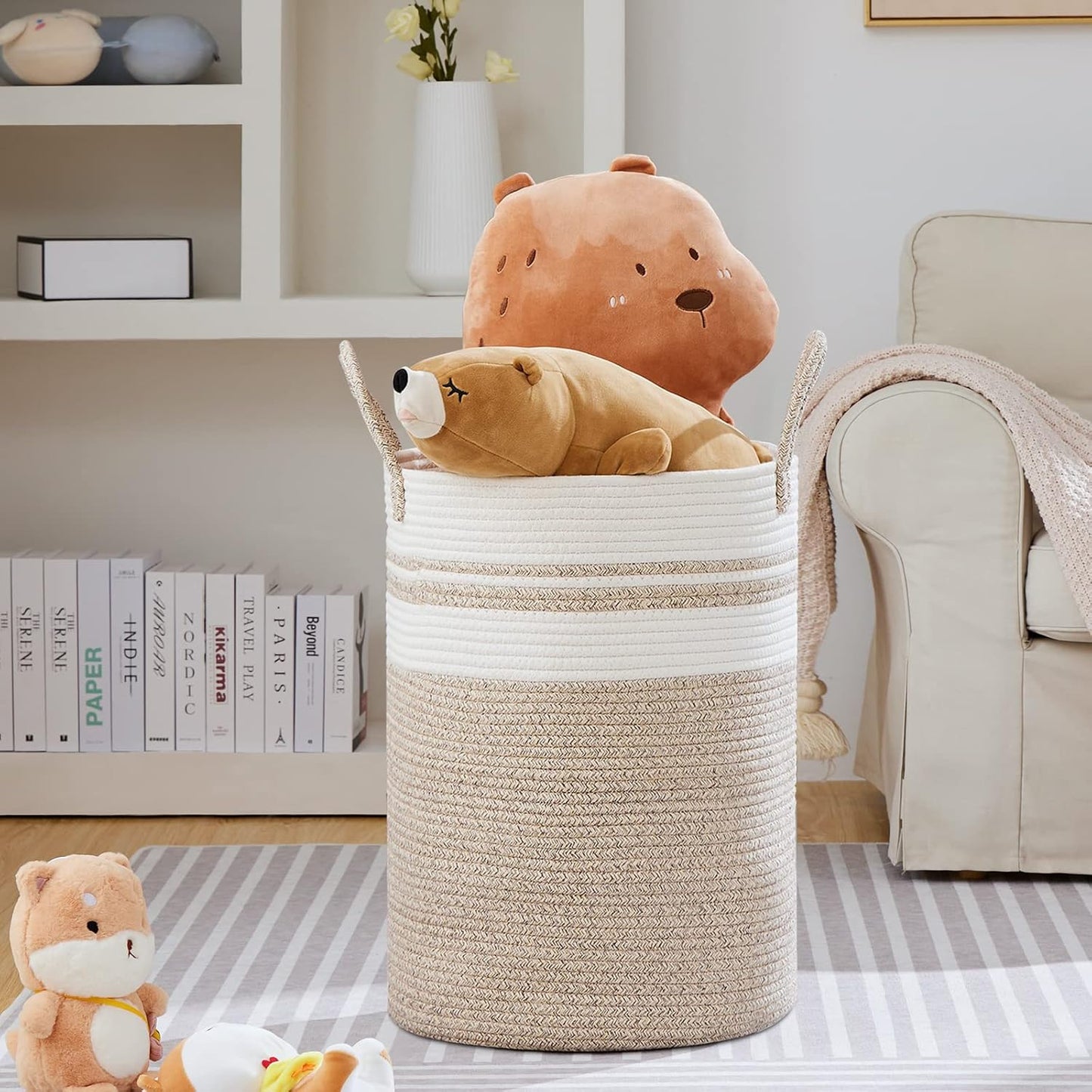 VIPOSCO Large Laundry Hamper, Tall Woven Rope Storage Basket for Blanket, Toys, Dirty Clothes in Living Room, Bathroom, Bedroom - 100L Brown & White