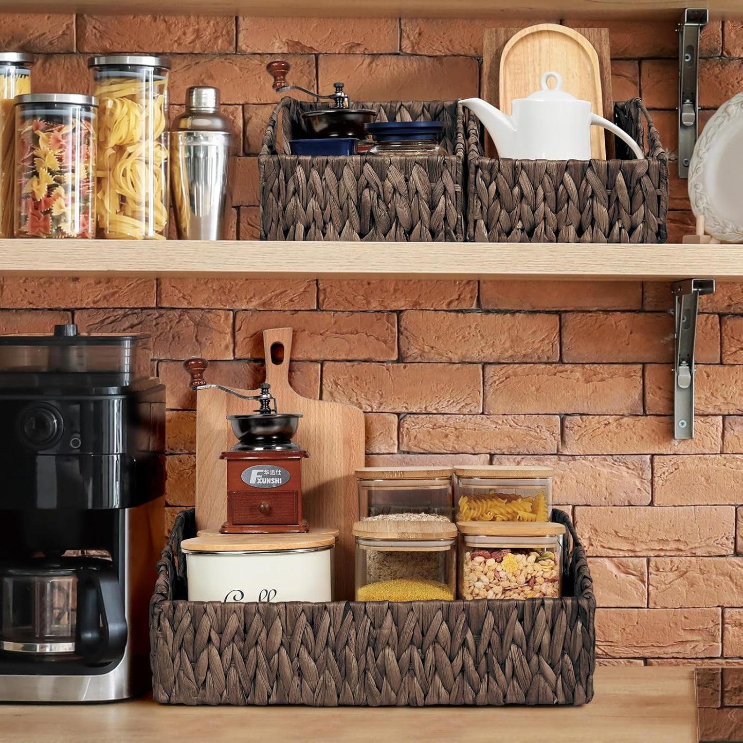 Ollieroo Natural Water Hyacinth Storage Baskets, Handwoven Wicker Storage Bins with Built-in Handles, Storage Container Baskets for Shelves, Bedroom, Bathroom, Laundry Room or Kitchen(Black)