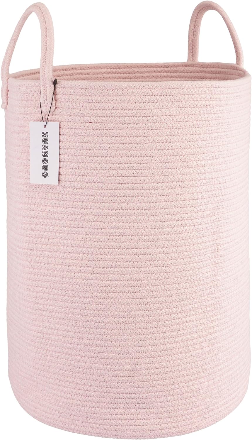 Cotton Rope Laundry Basket Hamper for Clothes Woven Storage Basket for Living Room Bedroom Boho Tall Rope Baskets for Blanket Toys Pillow Towels Baby Nursery Hamper Bin Large light pink