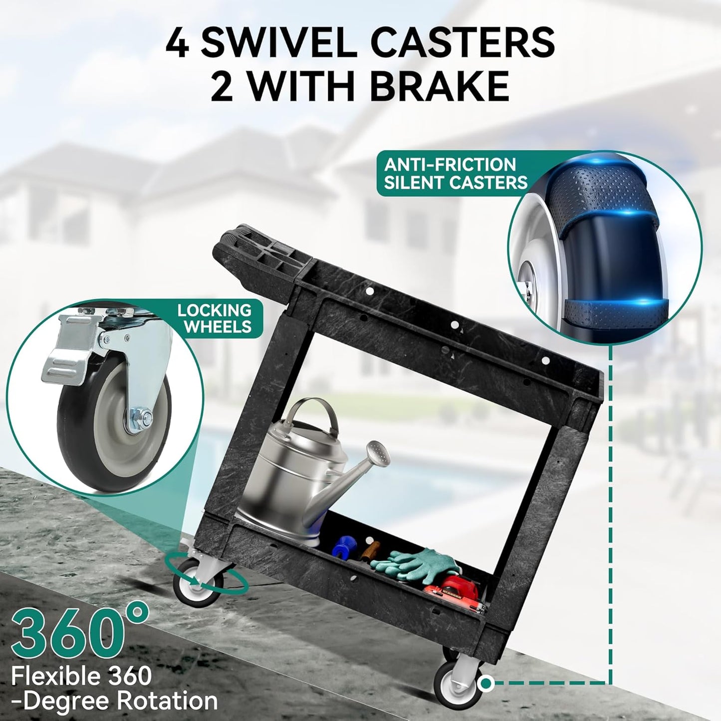 YITAHOME Utility Cart on Wheels, Plastic Tool Cart 550 lbs Capacity Service Cart, 40 x 17 Inch 2 Shelf Extra Heavy Duty Rolling Work Carts for Warehouse, Garage, School & Office, Cleaning, Black