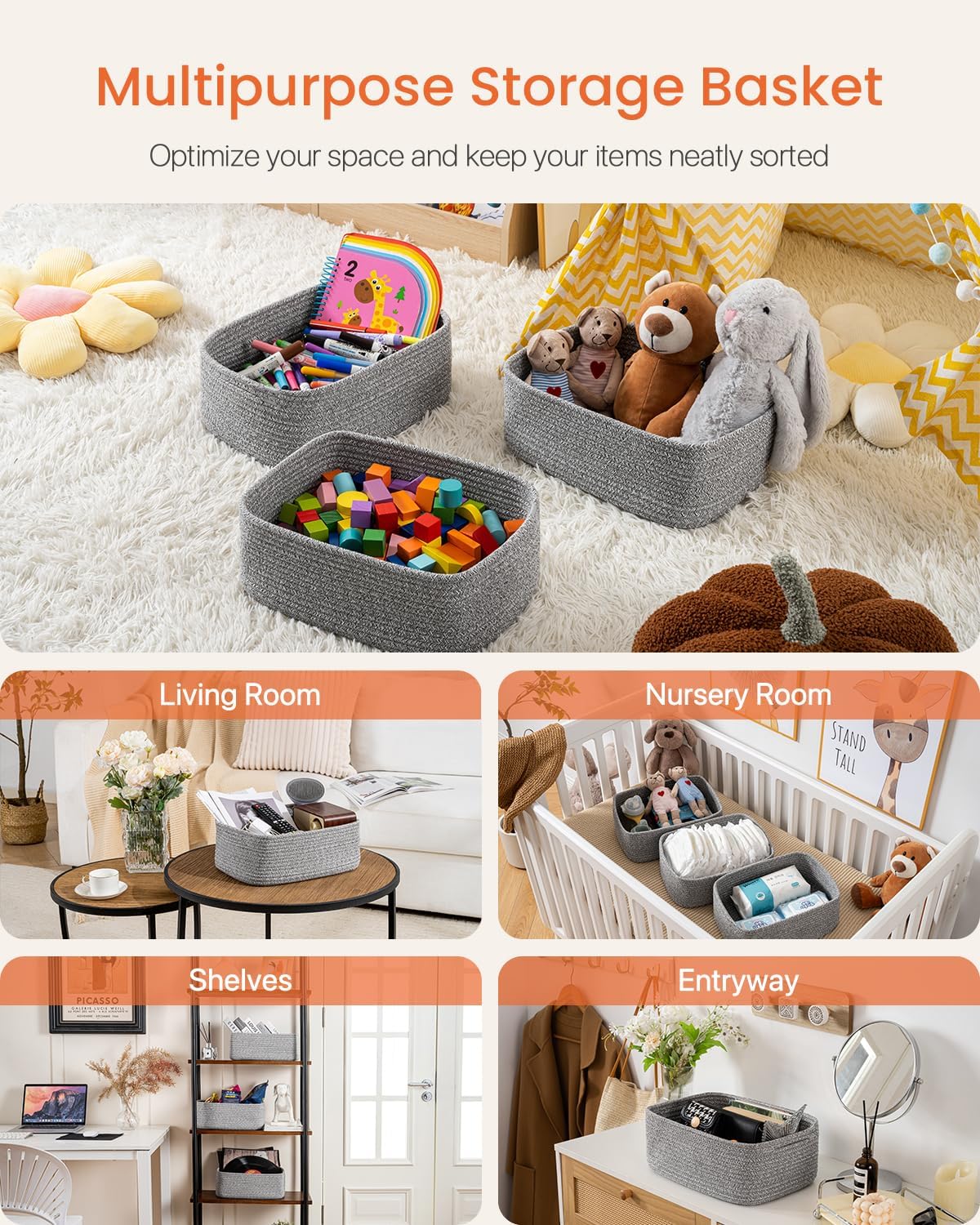 Small Woven Basket, 13.5 x 9.5 x 5 Inches, Storage Basket for Organizing, Cute Small Rope Shelf Closet Cube Storage Bins Baskets for Shelves, Dog Toy Gift Baskets Empty, 3 Packs, Mixed Grey