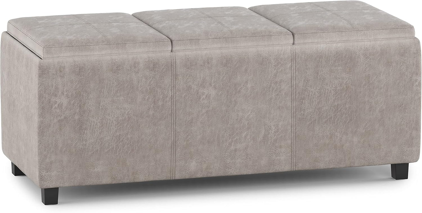 SIMPLIHOME Avalon 42 inch Wide Contemporary Rectangle Storage Ottoman in Distressed Grey Taupe Vegan Faux Leather, Assembled, for the Living Room, Entryway and Family Room