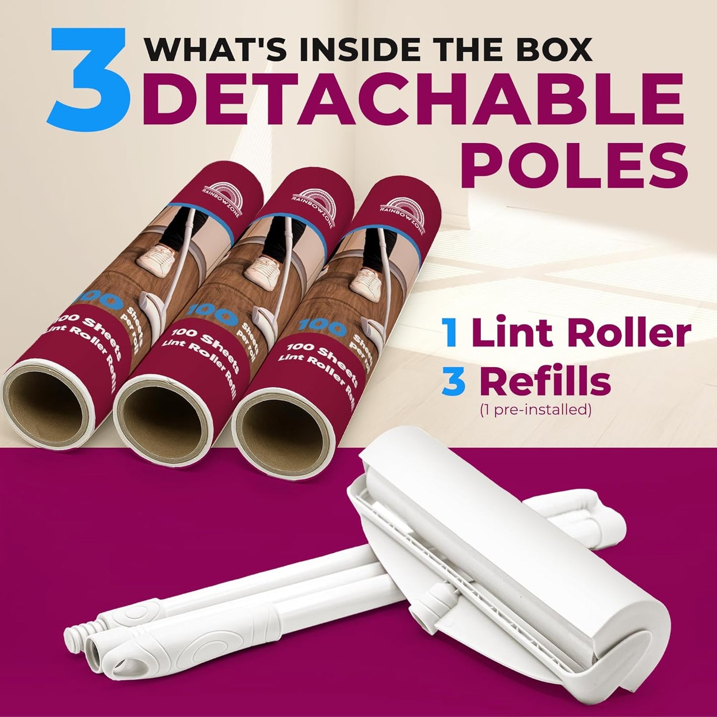 RainbowZone Large Lint Rollers plus 3 Rolls 9.5'' Extra Wide Total 300 sheets Giant Lint Roller Refills with 3 Extendable Long Handle for Pet Hair Removal and Household Cleaning (1 Roller + 3 Refills)