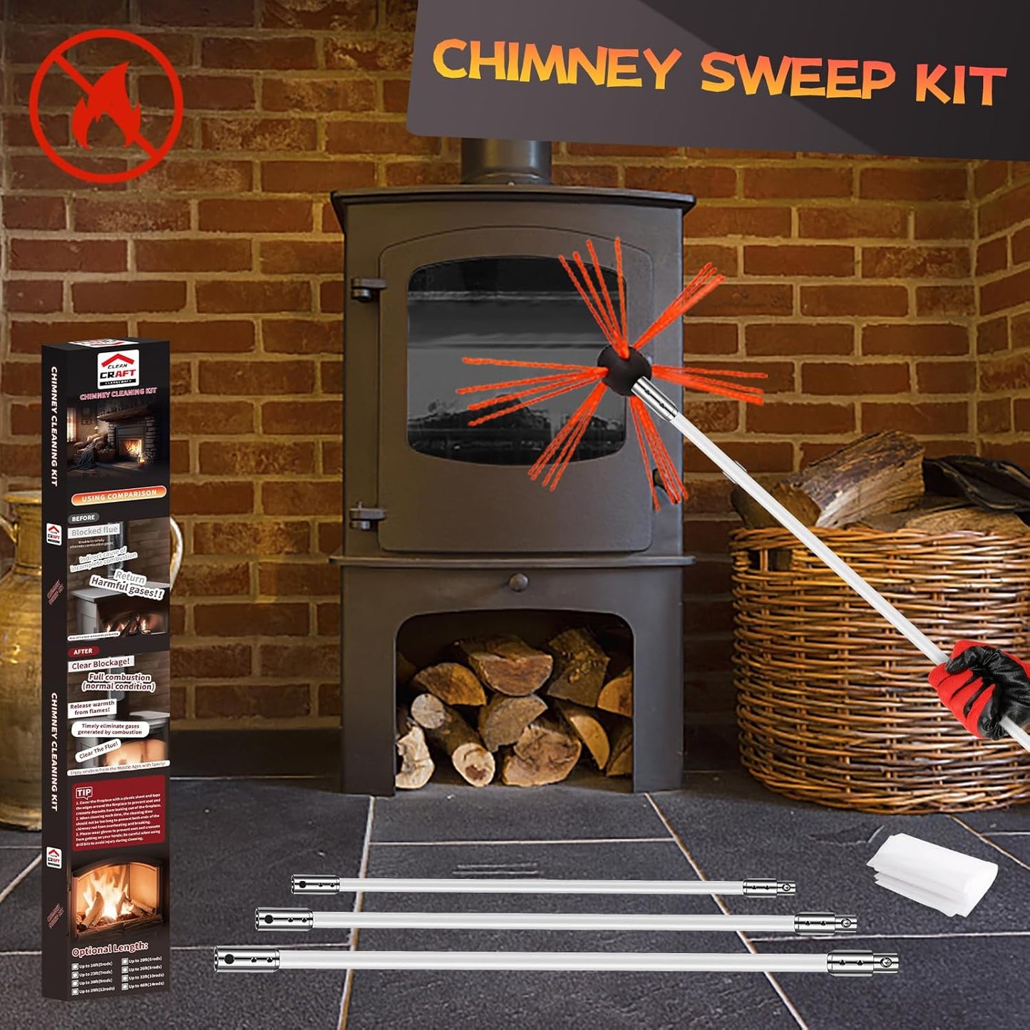 46 Feet Chimney Sweep Kit, Chimney Cleaning Kit with 14 Flexible White Chimney Rods, Chimney Brush for Sweeping Fireplace, Rotary Chimney Cleaning System Driven by Drill