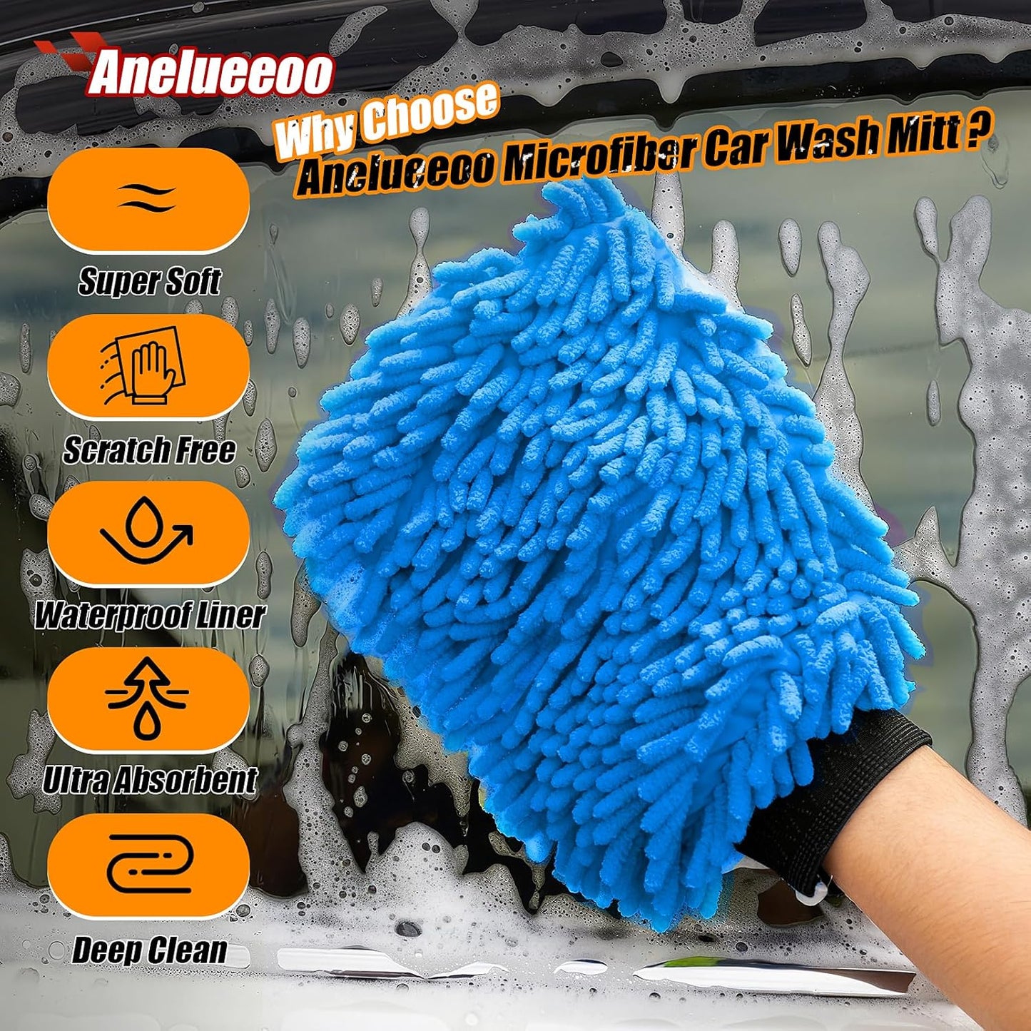 Car Wash Mitt Microfiber, Premium Chenille Microfiber Wash Car Mitts Sponge Scratch Free & Lint-Free, Mitts Waterproof Lining 4 Pack Blue (8''X12'')