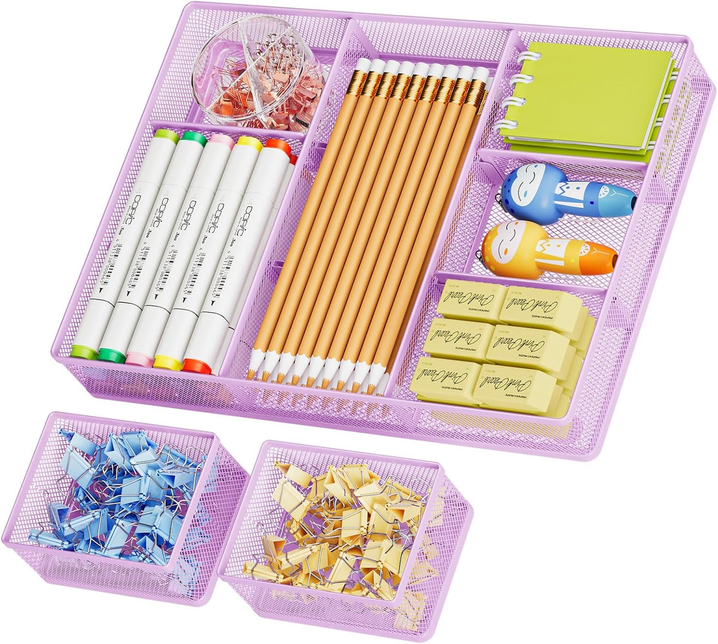 Marbrasse 3 Packs Desk Drawer Organizers, Metal Mesh Dividers with 9 Adjustable Compartments, Pen Organizer for Drawer Tray Box Accessories for Desktop,Kitchen, Makeup(Purple)