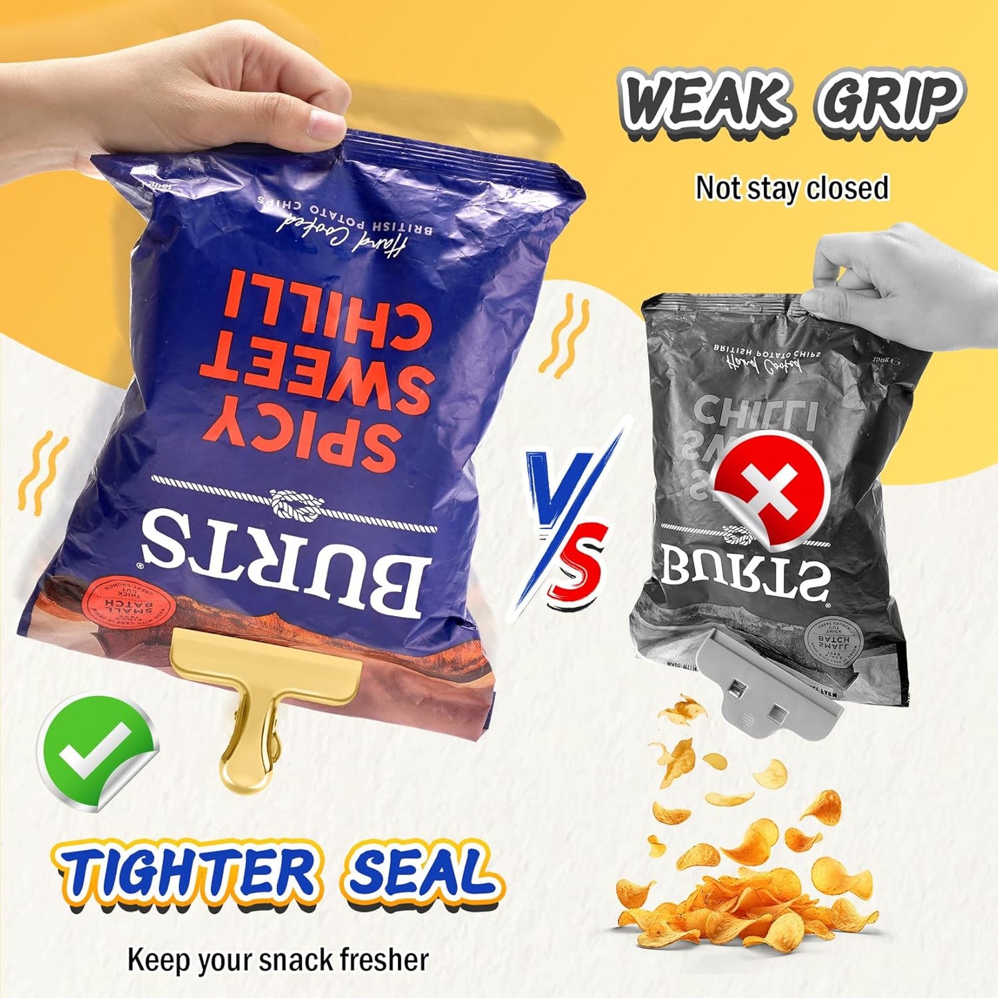 VNDUEEY 12 Pack Chip Clips, Stainless Steel Bag Clips for Food - Keep Snacks Fresh, Strong Grip Chip Clip Bag Clip, Perfect for Kitchen and Office Supplies -3 Inches, Gold