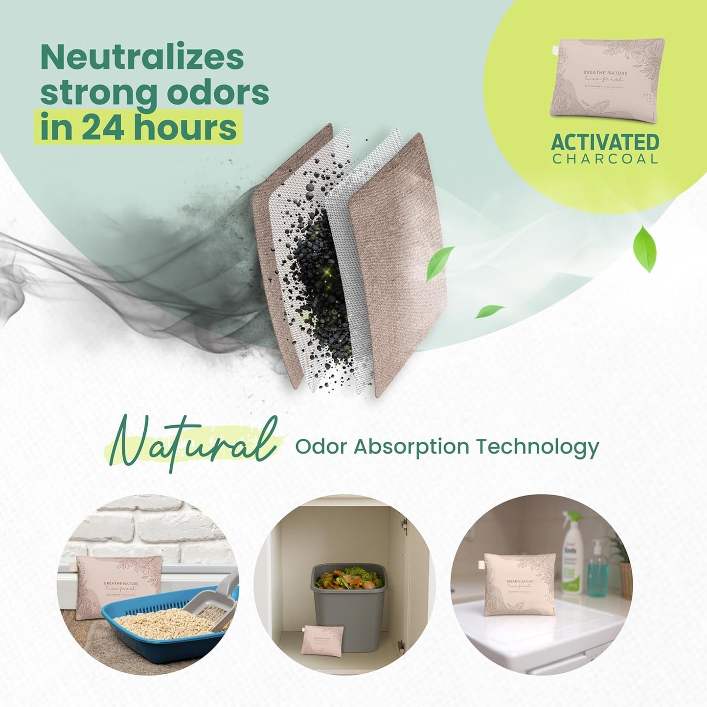 Roonin Activated Charcoal Odor Absorber - Bamboo Charcoal Air Purifying Bag - Activated Charcoal Bags Odor Absorber Packets - Home Deodorizer Odor Eliminator (6-pack)