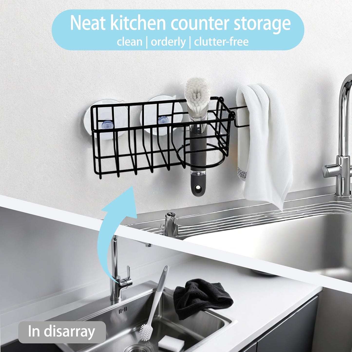 Sponge Holder with Dish Cloth Hanger for Kitchen Sink, In-sink Caddy Organizer with Suction Cups & Adhesive Strips, Rustproof Sponge Rack for Soap, Brush, Scrubber - Black（3 Pack）