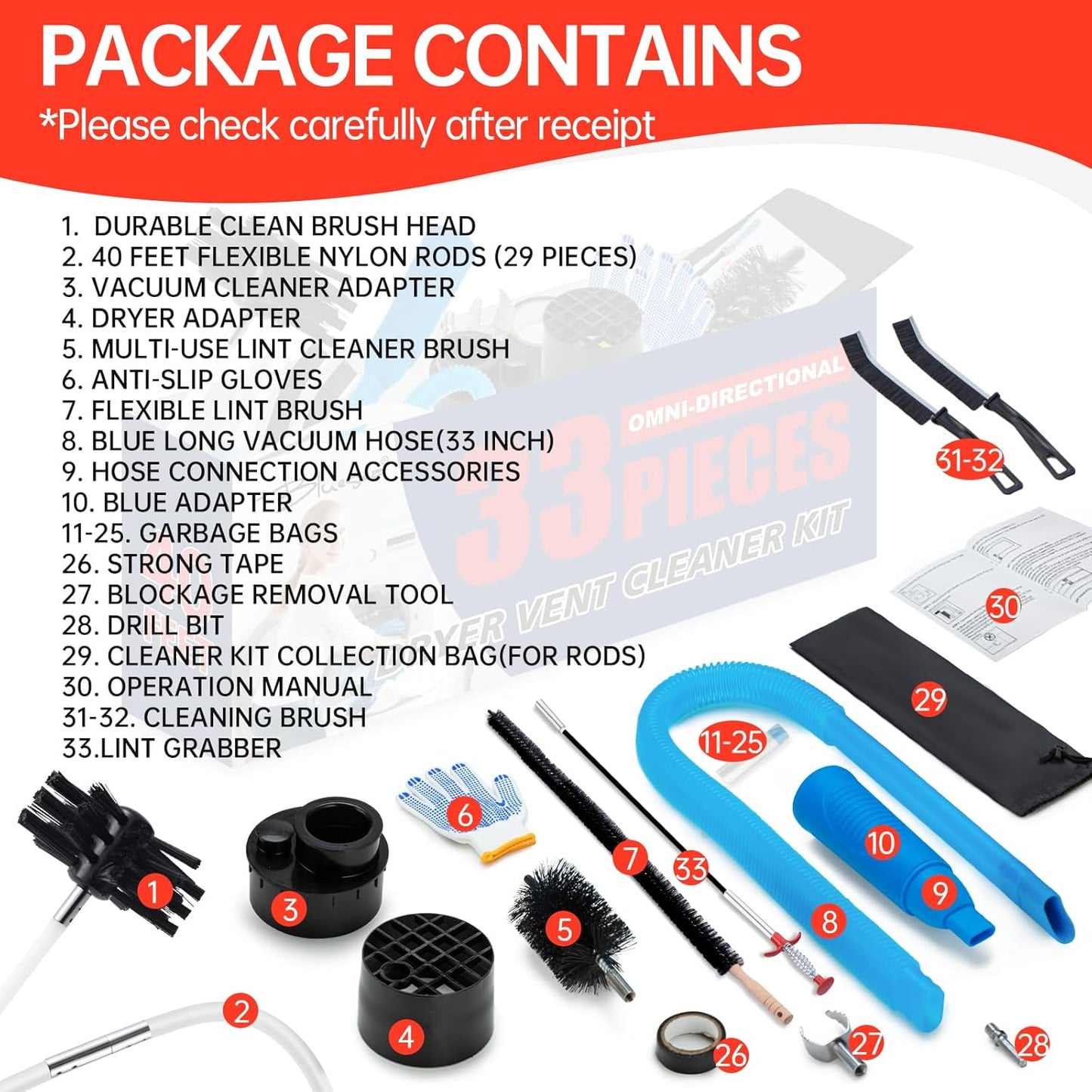 Dryer Vent Cleaner Kit, Bluesea 33-Piece Omnidirectional Dryer Cleaning Kit Include 40 Feet Dryer Vent Brush, Upgrade Noiseless Dryer Lint Vacuum Attachment, Lint Trap Brush, Vacuum & Dryer Adapters