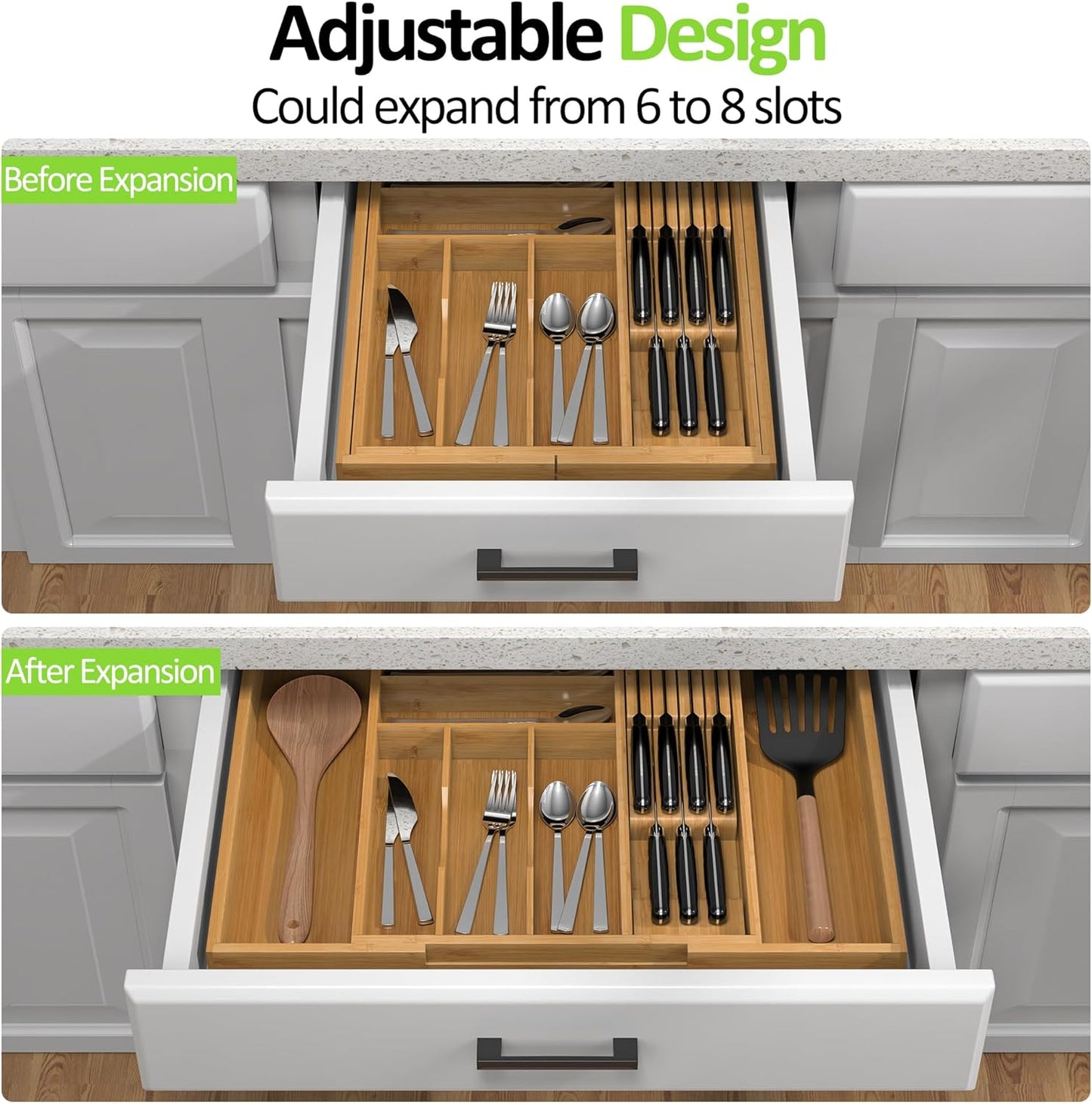 Bamboo Kitchen Drawer Organizer, Expandable Utensil Organizer with Removable Knife Block, Cutlery Tray Holder with Divider, Adjustable Silverware Organizer, Wood Tableware Dividers Storage