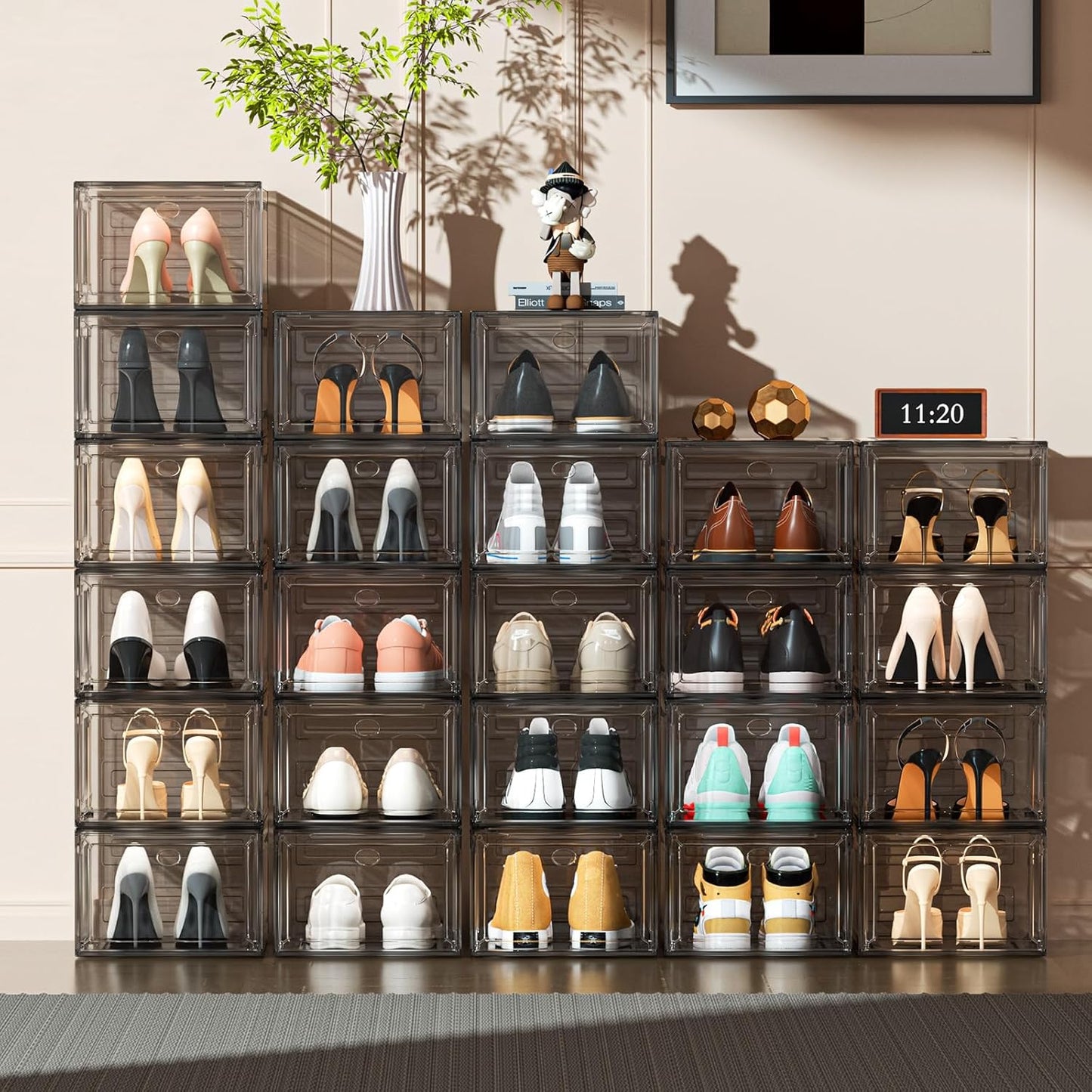 Upgrade Harder Solid Plastic Shoe Organizer with Magnetic Front Door, 12 Pack Shoe Boxes Clear Stackable, Sneaker Storage for Closet, Shoe Display Case, Black