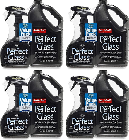HOPE'S Perfect Glass Cleaner, Streak-Free, Ammonia-Free Window, Mirror, Screen, and Shower Door Cleaner, Indoor and Outdoor Glass Surfaces, 32 Fl Oz Spray Bottle and 67.6 Fl Oz Refill, Pack of 4
