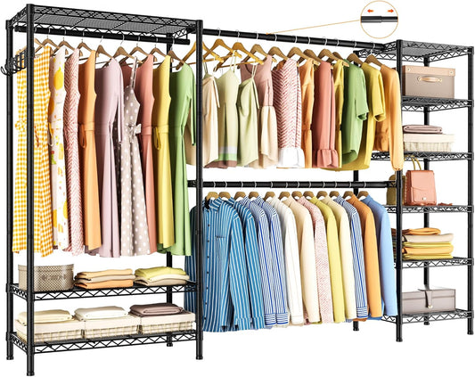 Expandable Heavy Duty Garment Rack Clothes Rack,Large Metal Closet Organizer System Storage Wardrobe,Freestanding Clothing Rack with 9 Adjustable Wire Shelves&3 Hang Rods,MaxLoad 1500lbs