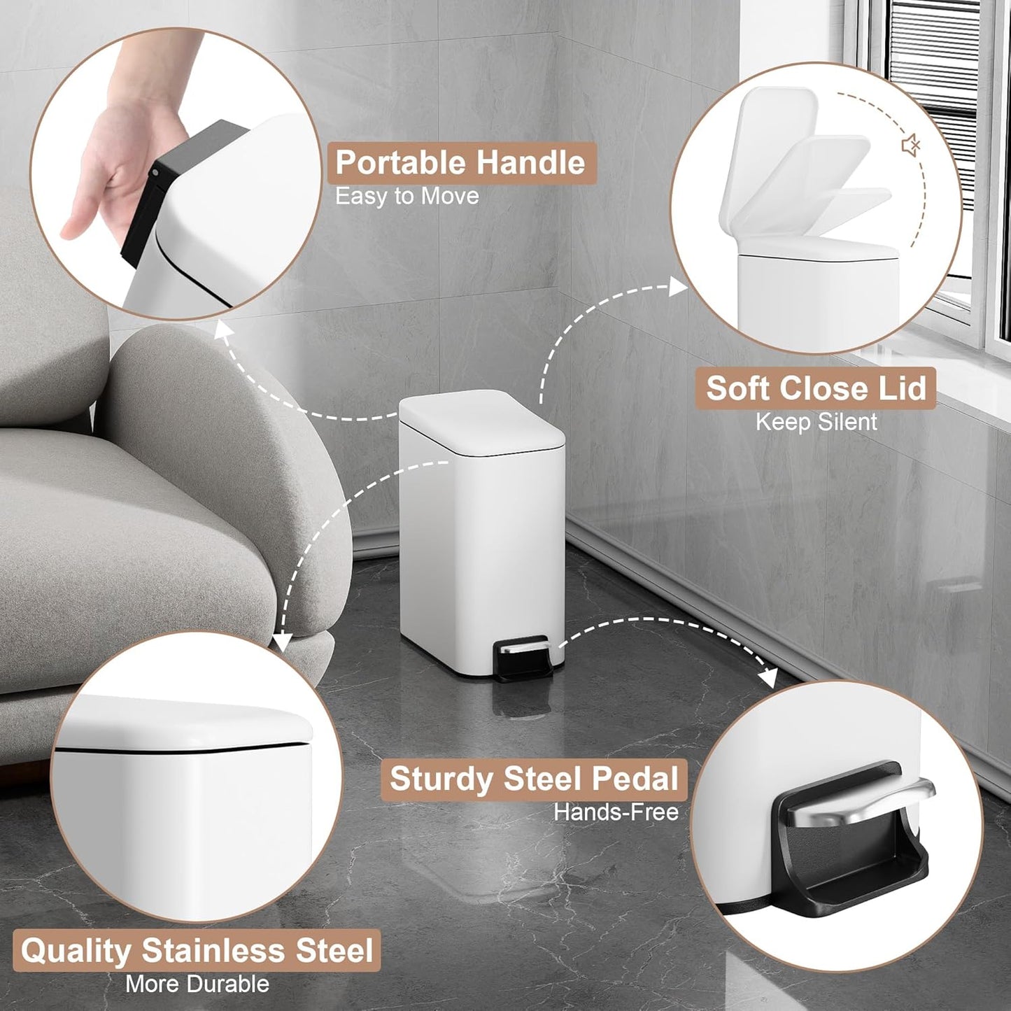 Small Trash Can with Lid Soft-Close, 6 L/1.6 Gal Bathroom Garbage Can with Removable Inner Bucket, Step Pedal, Stainless Steel Wastebasket for Kitchen, Bathroom, Bedroom, Office, White