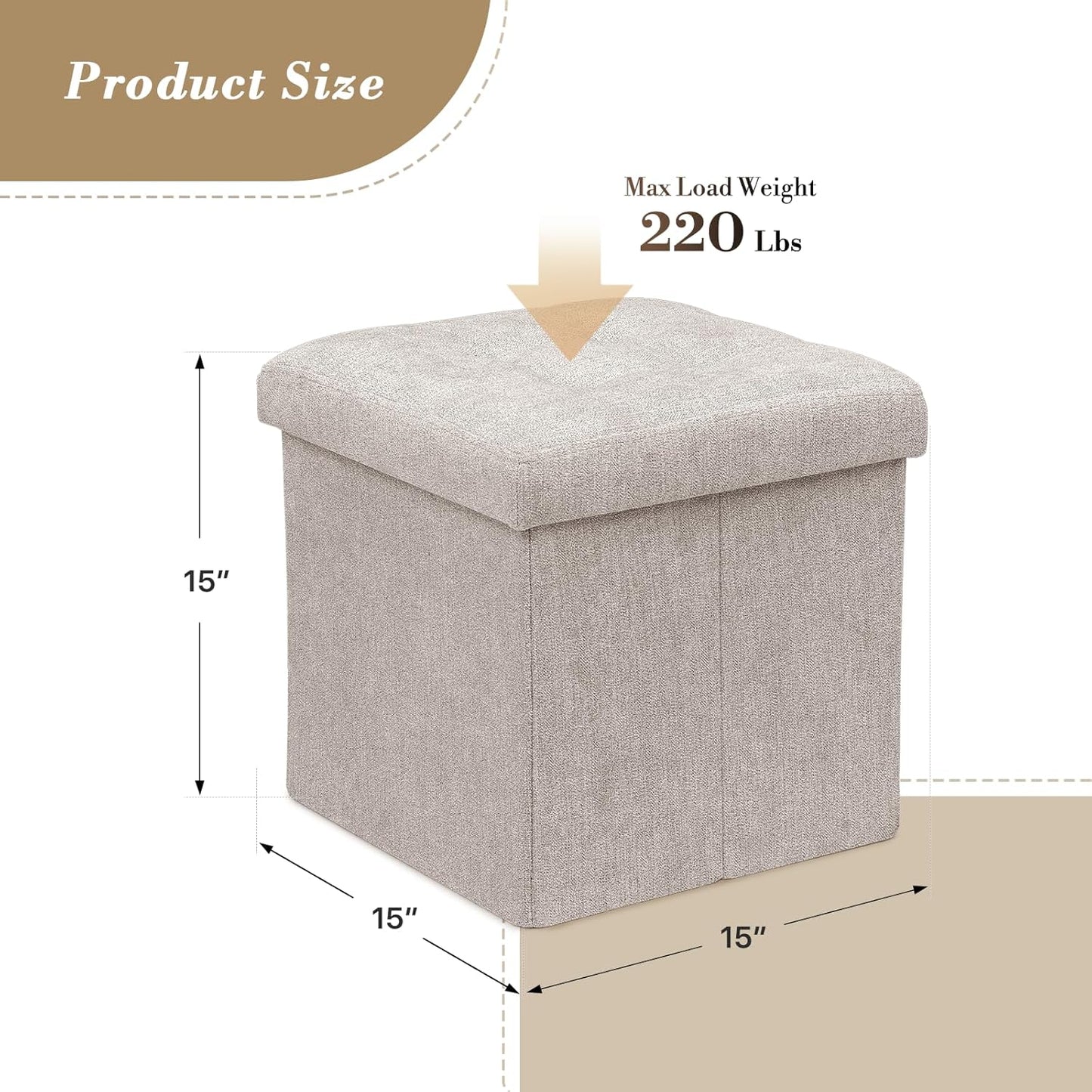 Athena Collection 15" Storage Ottoman Bench Folding Bench with 40L Hidden Storage, Small Cube Ottoman Linen Foot Rest Stool Chest with Flipping Lid for Living Room, Bedroom, Entryway, Sandy Beige