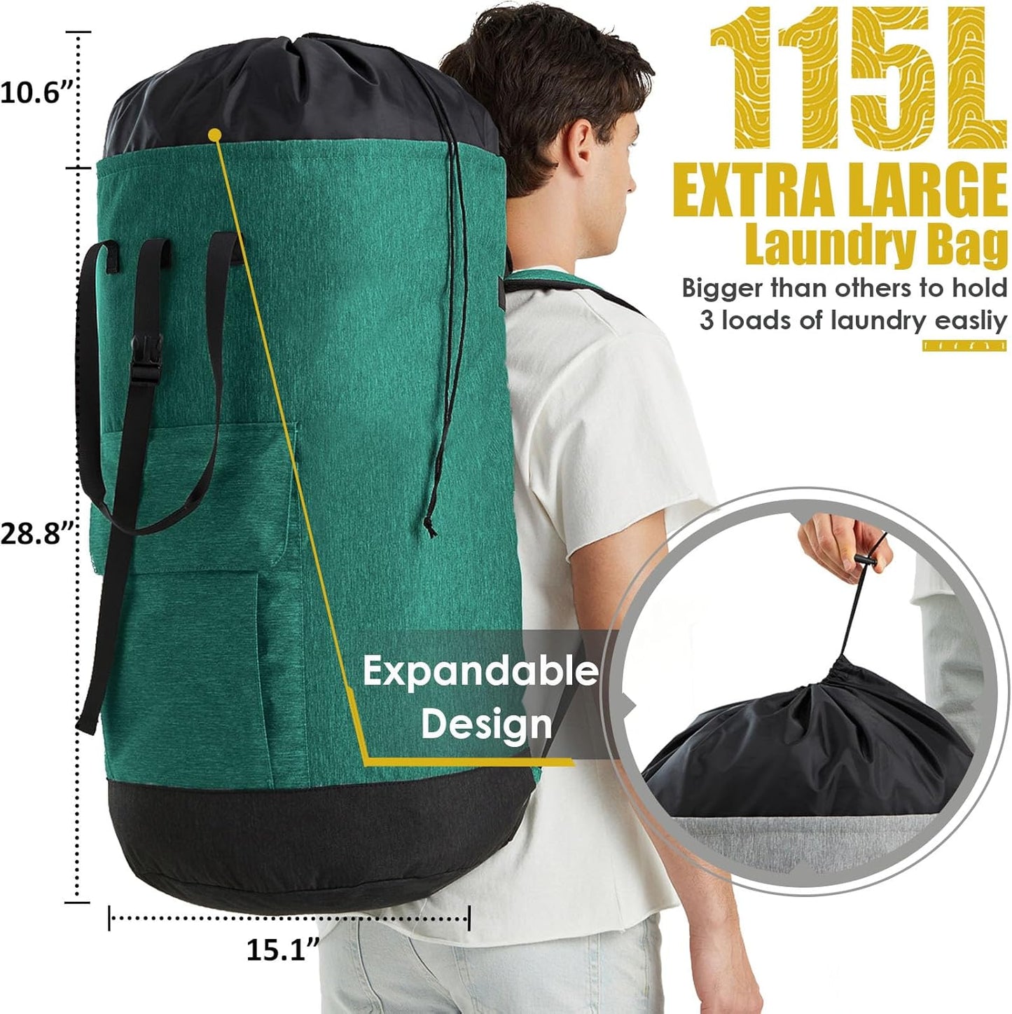 Laundry Bag for College,115L Laundry Backpack Extra Large Heavy Duty, College Dorm Essentials Laundry Bag with Straps, Heavy Duty Dirty Clothes Bag for Camping, Apartment and Laundromat