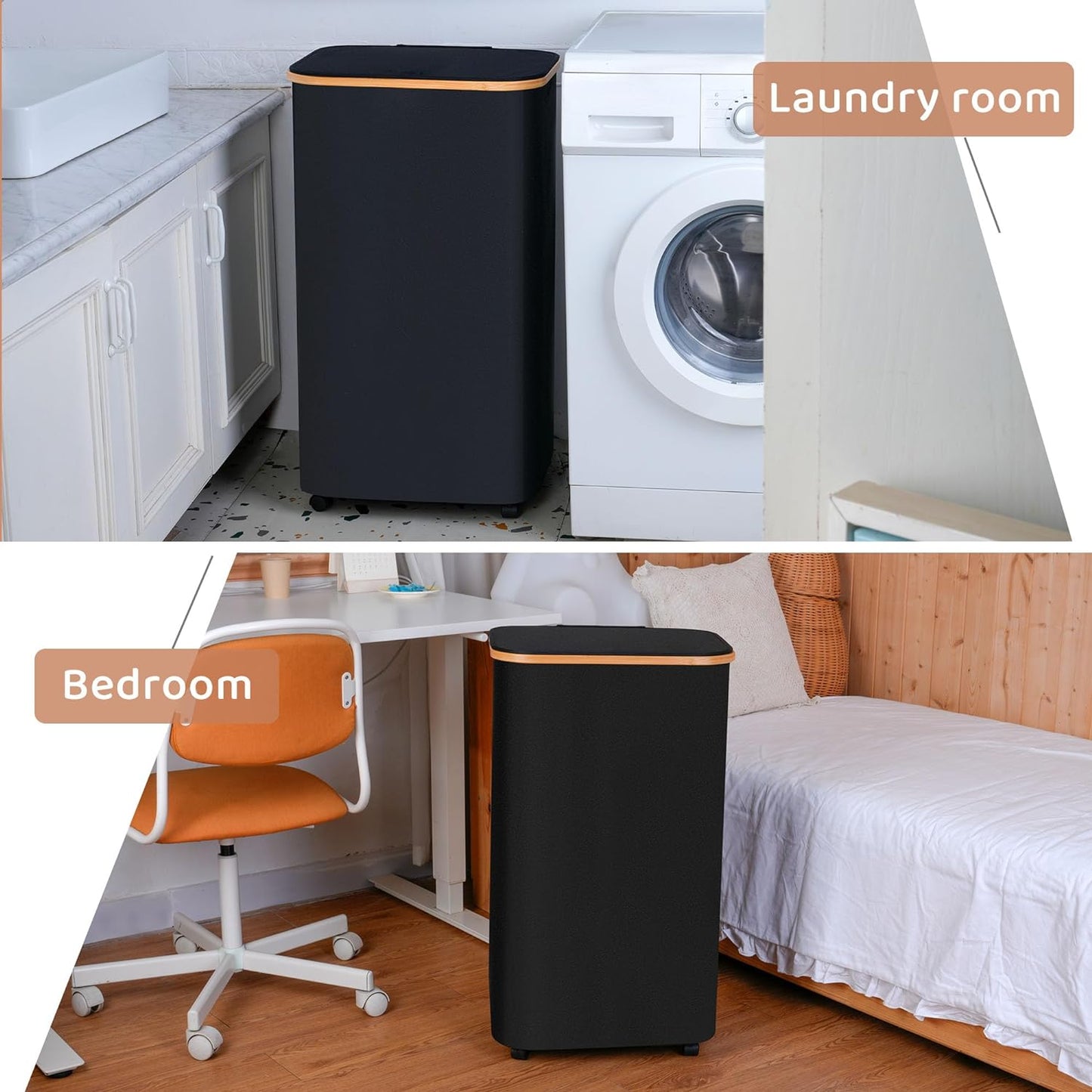 Laundry Basket with Wheels,100L Hampers for Laundry,Black Large Laundry Hamper with Lid and Bamboo Handles,Collapsible & Waterproof Tall Cloth Hamper for Dormitory Family