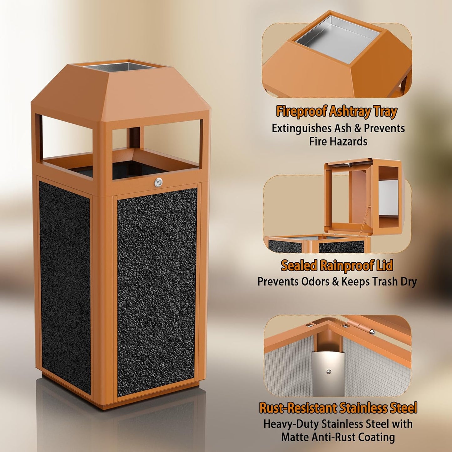 Commercial Metal Outdoor Trash Can with Lid, Lockable Outdoor Garbage Can with Nature Stone Panels, Heavy-Duty Rustproof Trash Bin with Removable Liner for Parks & Public Spaces