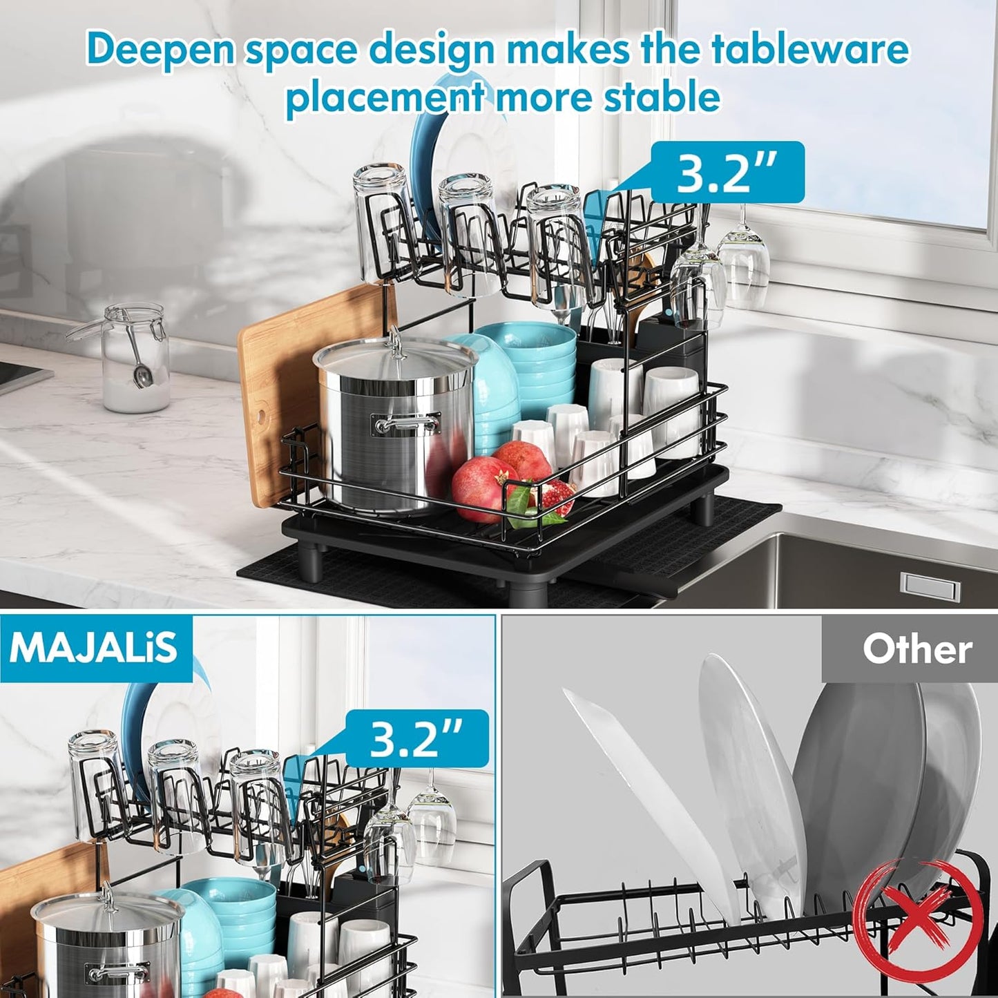 JASIWAY 2 Tier Black Large Stainless Steel Dish Drainers Drying Rack for Kitchen Counter with Drainboard, Rust Proof Metal, Space Saving, Modern Aesthetic, Compact Plates Strainers with Extra Mat