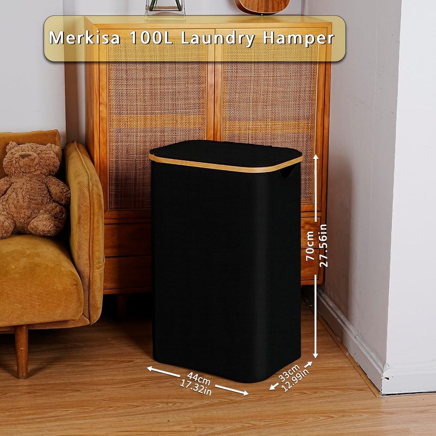 100L Laundry Hamper with Lid, Lagre Basket with Bamboo Handles,Foldable Clothes Hamper Tall Dirty Laundry Basket for Clothes Toys Towels Organizing,Black