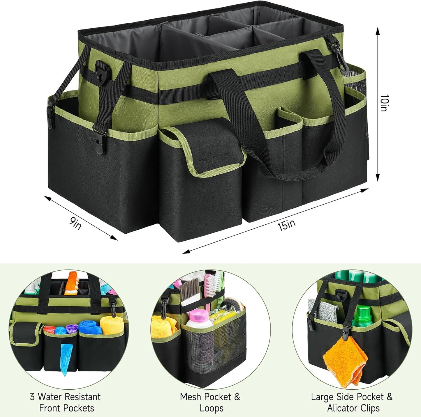 Cleaning Caddy,Large Cleaning Bags for Housekeepers,Cleaning Supplies Organizer with Handle,Green
