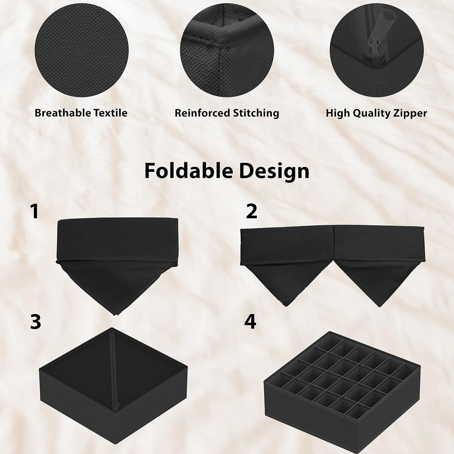 Simple Houseware 4-Pack Drawer Organizer Set - Closet Dividers for Underwear, Socks, Bras, Scarves, Ties - Foldable Non-Woven Storage Boxes, Dark Gray