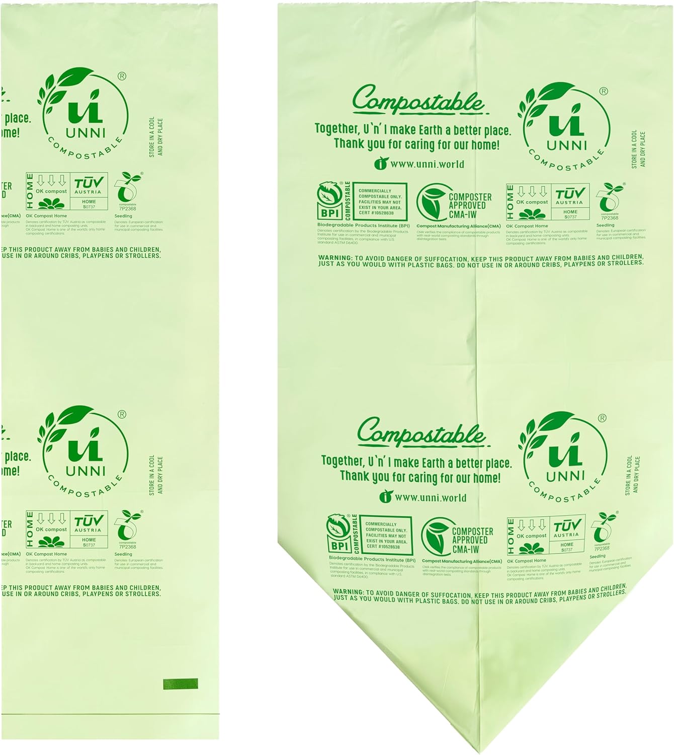 UNNI Compostable Trash Bags, 8 Gallon / 30 Liter, 50 Count, Extra Thick 0.85 mil Medium Kitchen Food Scrap Bin Liners, Certified by BPI, CMA & OK compost HOME, Meets the ASTM D6400 Standard