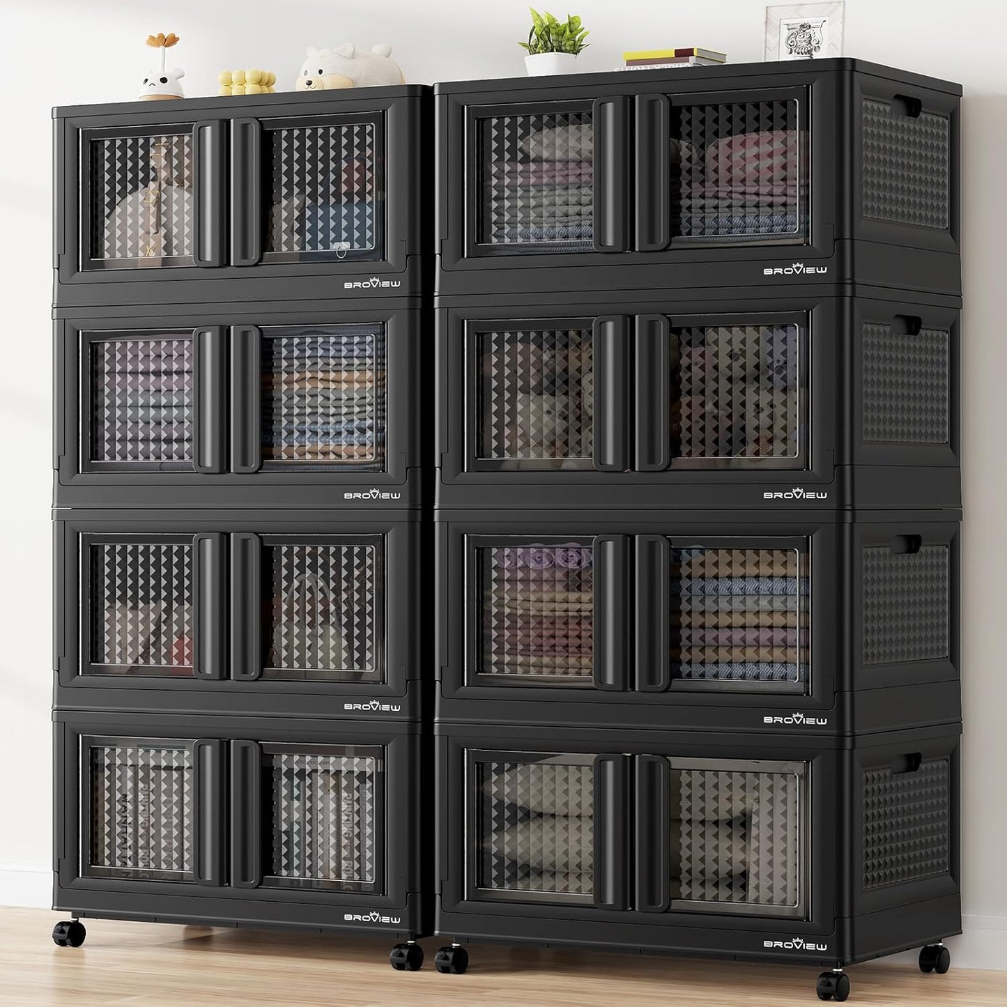 BROVIEW 160Gal Stackable Storage Bins with Lids & Wheels, 640Qt Plastic Collapsible Closet Organizer and Storage Drawers, Storage Boxes Cabinets for Home, Office, 8 Pack, Black