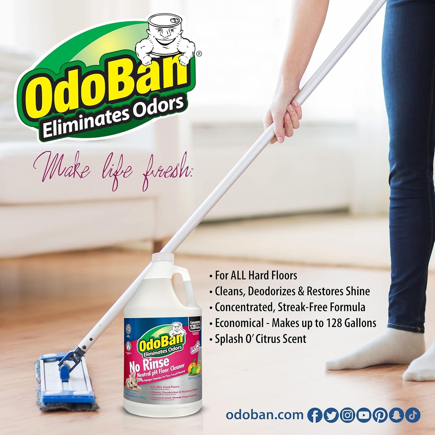 OdoBan Pet Solutions No Rinse Neutral pH Floor Cleaner Concentrate, Made in the USA, Splash O' Citrus Scent, 4 Gallons