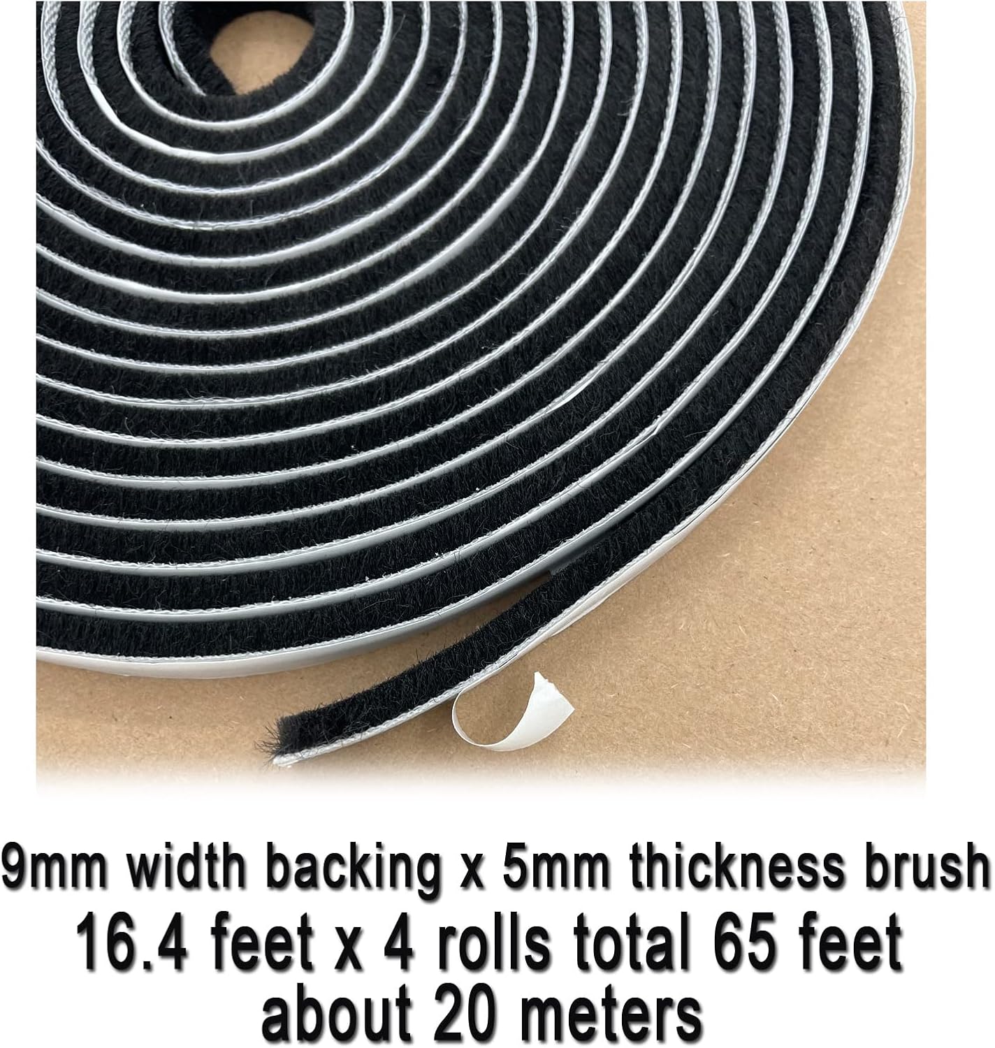 Window Weather Stripping Brush for Sliding Door Frame, Pile Self Adhesive Weather Strip Seal Strip Sealer Soundproofing (65ft x11/32 Backing x 3/16 Brush inch, Black)