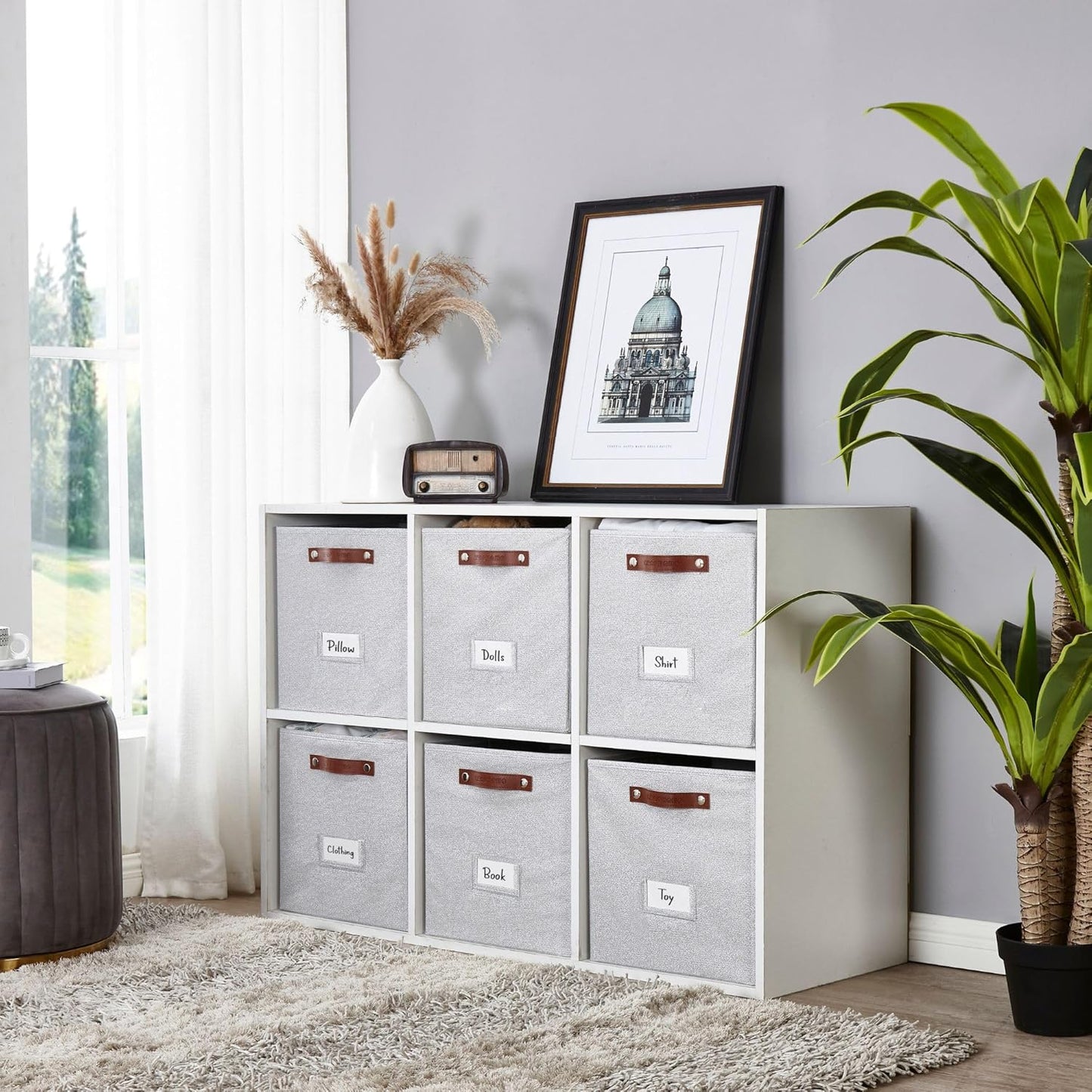 DECOMOMO Storage Cubes, 13x13x13 Storage Cube Bins with Labels, Fabric Organizer Bins (13" / 6pcs, Light Texture Grey)