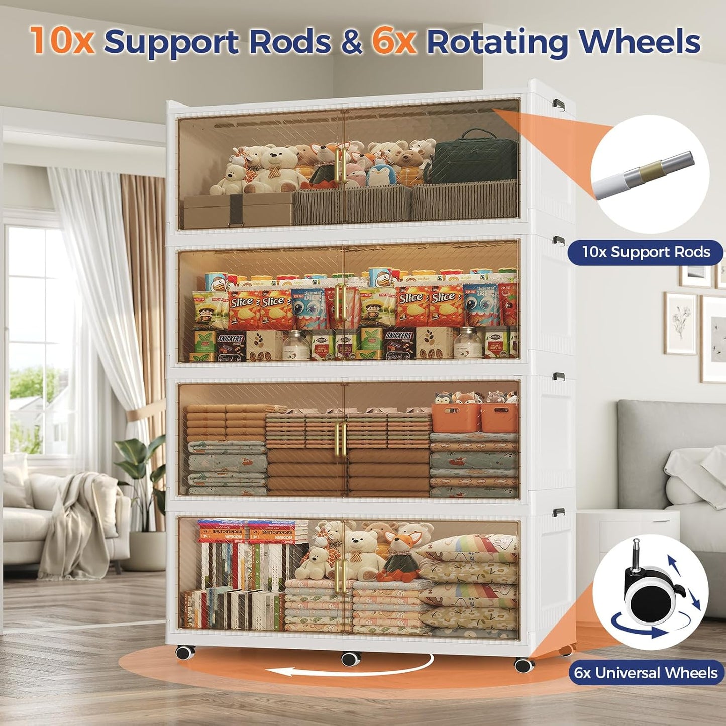 150GAL Extra Large Storage Bins with Lid, 600QT Collapsible Organizer with Wheels, Stackable Closet Cabinet with Doors, Folding Storage Containers for Home, Office, Dorm, 3Pack White