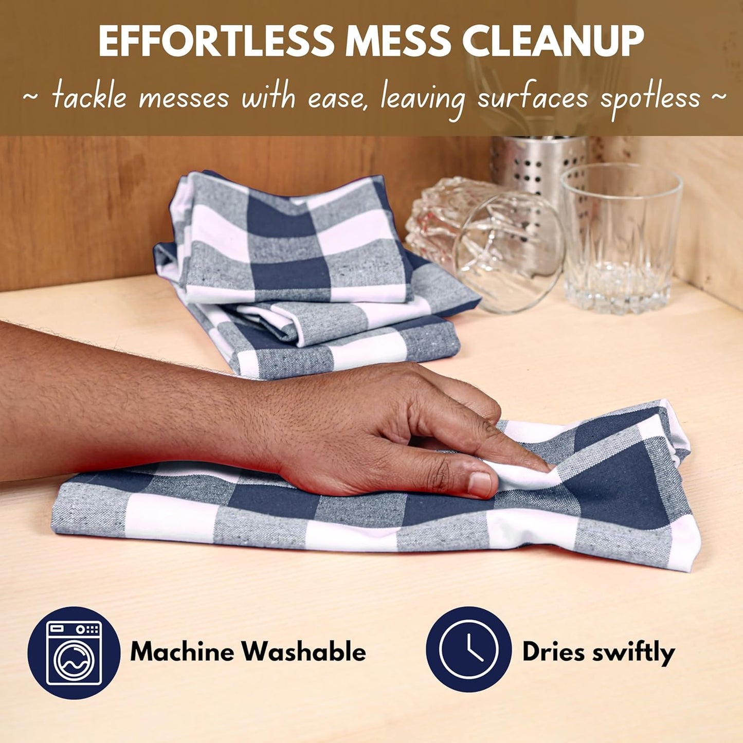 Native Fab 4-Pack Kitchen Towel with Hanging Loop 16x26 inches, Cotton Buffalo Check Kitchen Towels for Cleaning Drying, Washcloths Soft & Absorbent Cloth Rags, Bar Towel, Dish Cloth, Navy