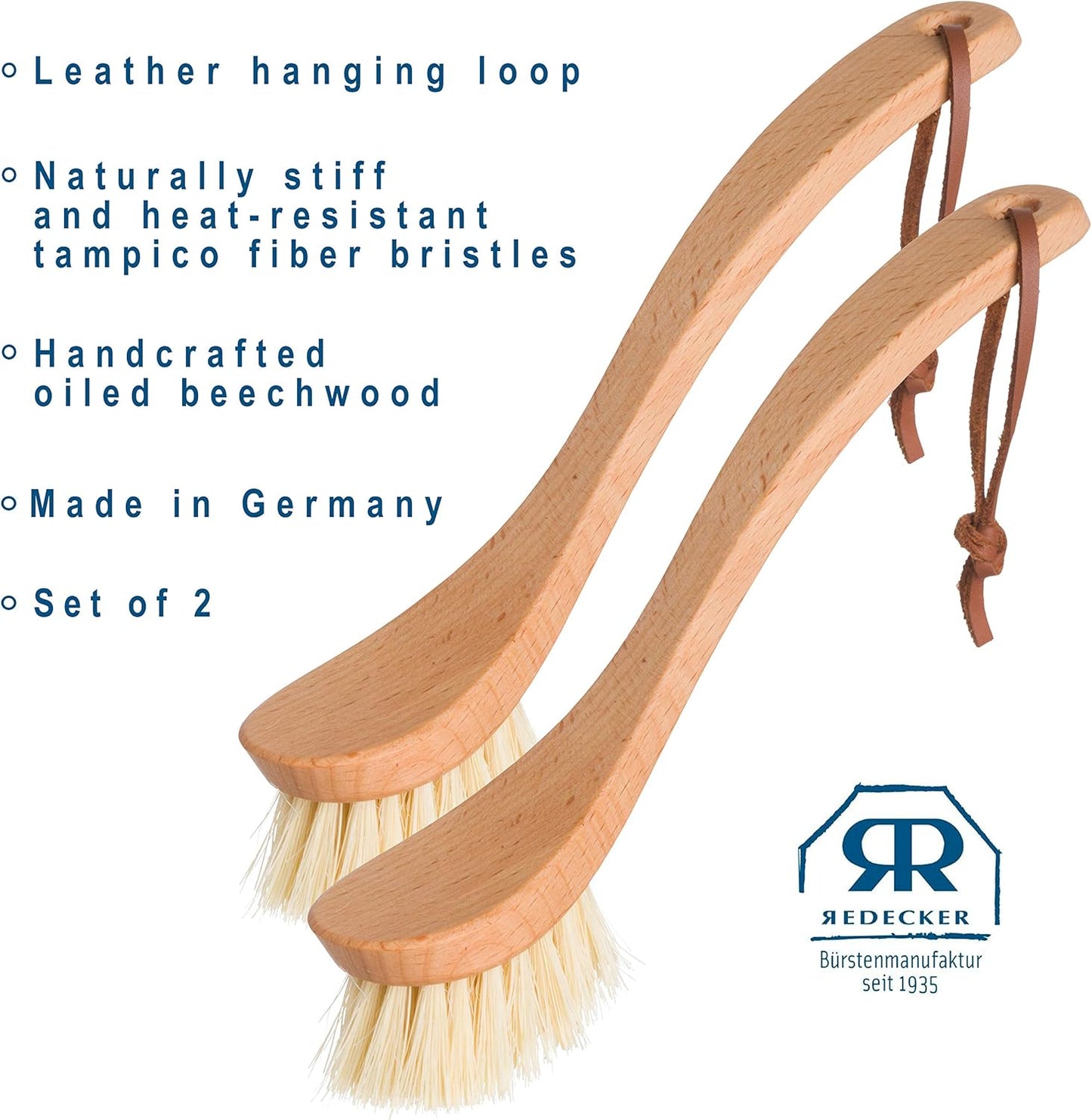 REDECKER Curved Dish Brush - Natural Tampico Fiber Bristles, Ergonomic Design with Oiled Beechwood Handle 9-1/4 inches, Set of 2 - Natural Bristle Kitchen Brush with Handle, Made in Germany