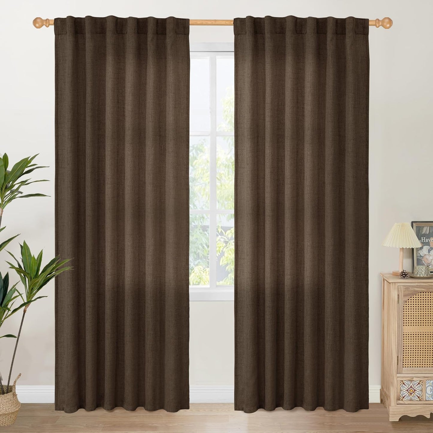 YoungsTex Brown Linen Curtains 80 Inch Length for Living Room, Semi Sheer Window Drapes with Rod Pocket Back Tab Light Filtering for Farmhouse Dining Room Bedroom, 2 Panels, 52 X 80 Inch