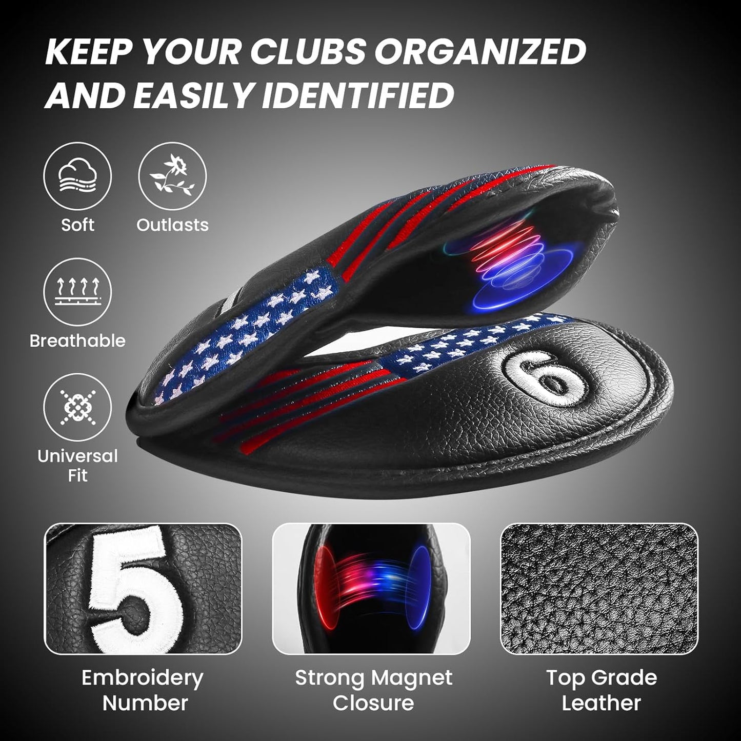 FINGER TEN Golf Club Covers for Irons Magnetic Value 11 Pack, Synthetic Leather Deluxe Head Cover Set Headcovers for Irons Fit Main Iron Clubs