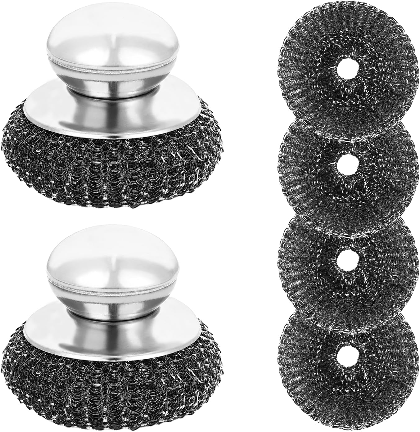 6Pcs Steel Wool Scrubber, Stainless Steel Scrubber with Handle for Cleaning Kitchen and Household Stubborn Messes from Stoves Pans Pots Grill Sink with Replacement Wire Brush Set (2 Pcs+4 Replacement)