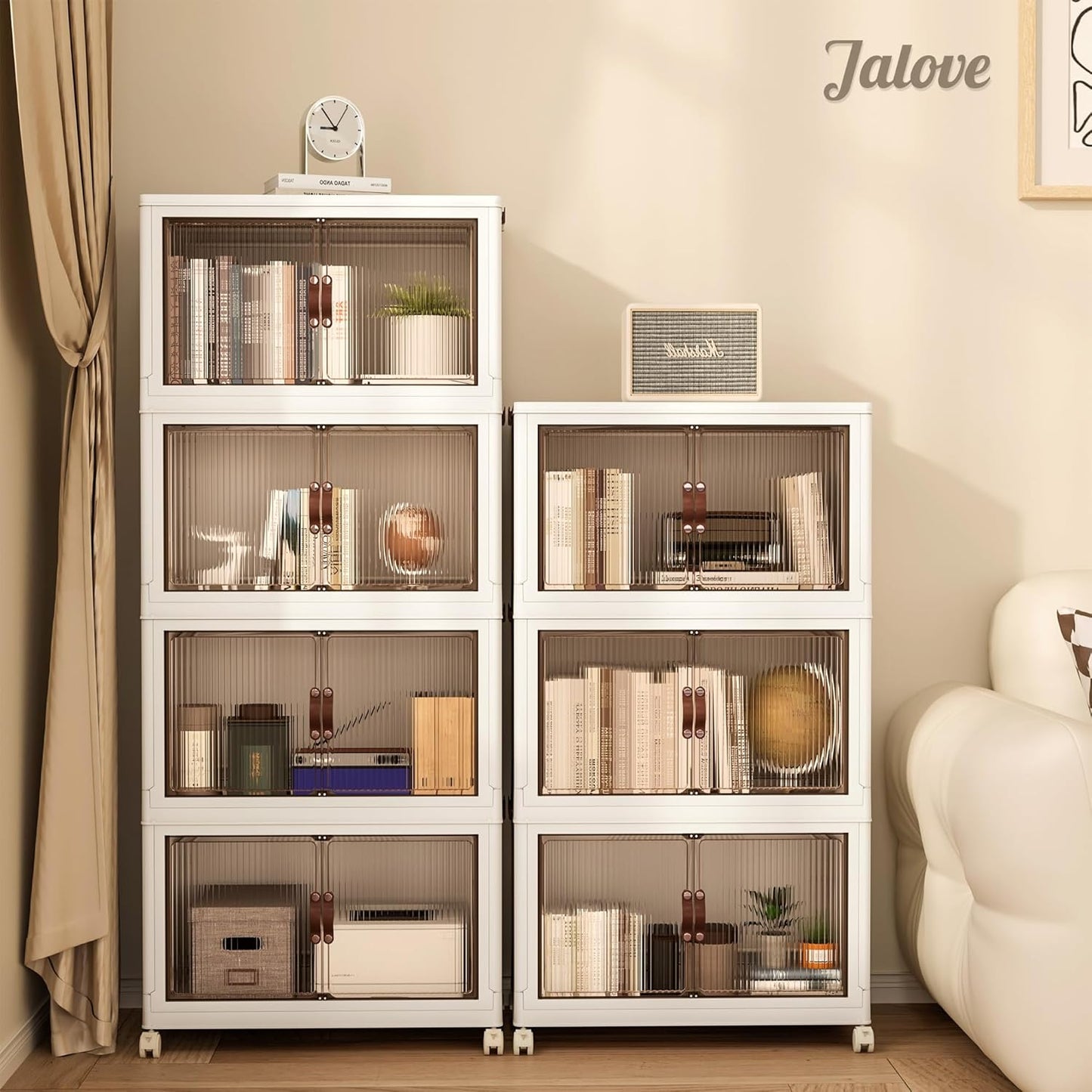 Jalove 50QT Plastic Storage Bins with lids, Stackable Collapsible Storage Containers with Wheels, Closet Organizer and Storage Drawers, Clothes Storage Cabinet for Home Office Garage, 4 Pack White